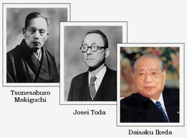 portraits de Tsunesaburo Makiguchi, Josei Toda et Daisaku Ikeda